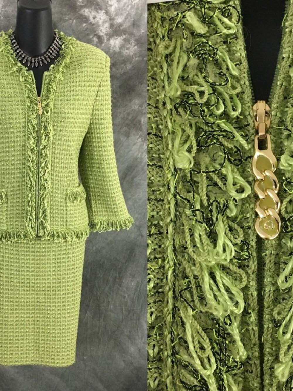 BEAUTIFUL St John collection knit green fringe multi jacket skirt suit size 4